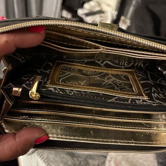 Vintage betsey johnson polka dot gold bow b & w zip around accordion wallet - Picture 5 of 8